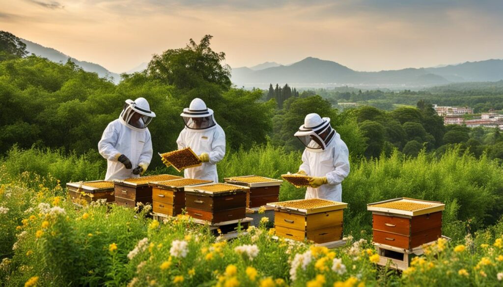 Beekeepers tending to honeybee apiaries