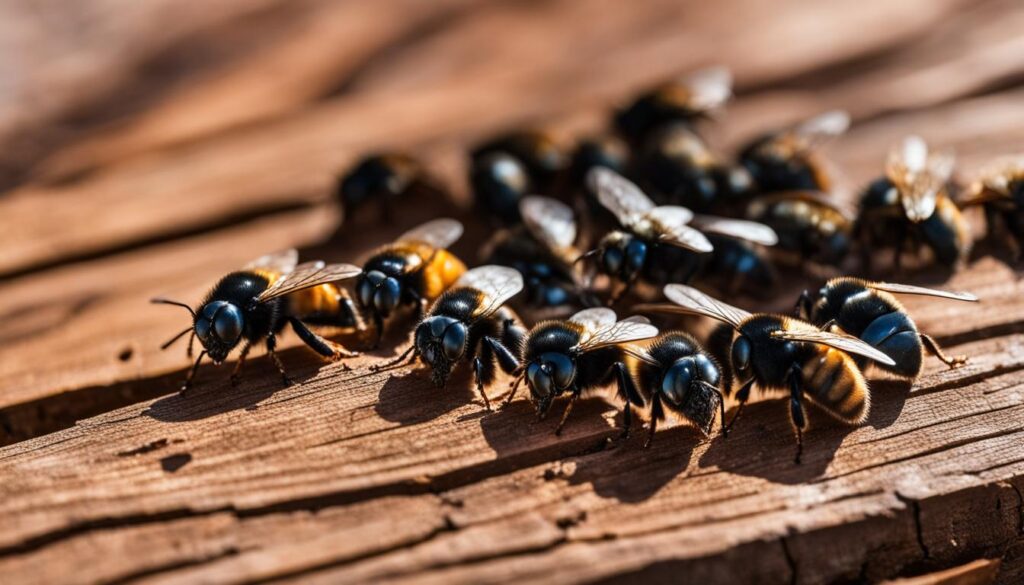 carpenter bees on a wooden surface
